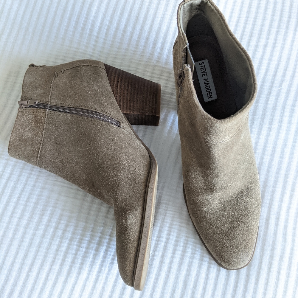 Steve Madden Taupe Suede Stacked Heel Ankle Booties